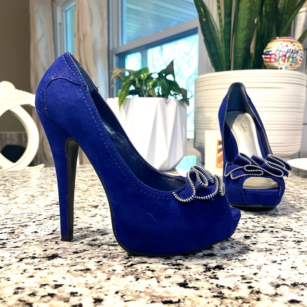 Sexy Royal Blue Ruffle Stiletto Platform Heels sz 8.5
